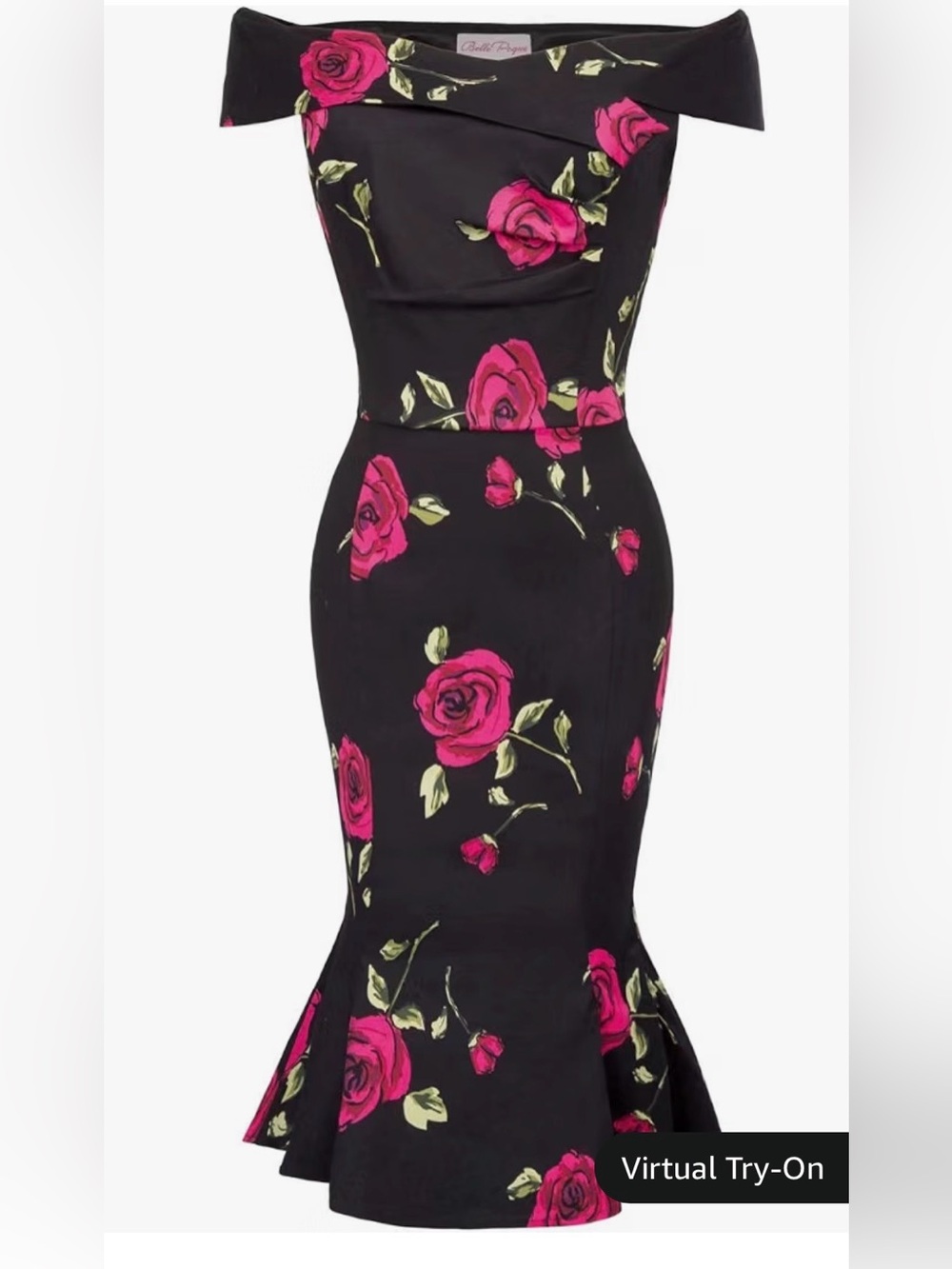 Belle Poque Vintage Off-Shoulder Black Dress with Pink Rose Print, Sz XL